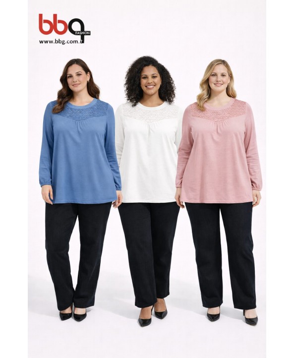 BAYAN BÜYÜK BEDEN GENİŞ KALIP YAKA DANTEL DETAYLI BLUZ-GK