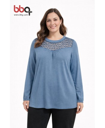 BAYAN BÜYÜK BEDEN GENİŞ KALIP YAKA DANTEL DETAYLI BLUZ-L