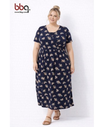 BAYAN BÜYÜK BEDEN GENİŞ KALIP KISA KOLLU DESENLİ ELBİSE-L