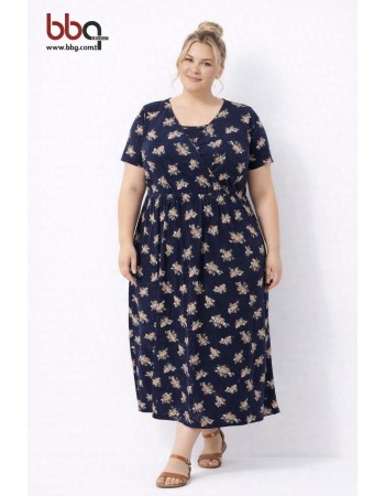 BAYAN BÜYÜK BEDEN GENİŞ KALIP KISA KOLLU DESENLİ ELBİSE-L