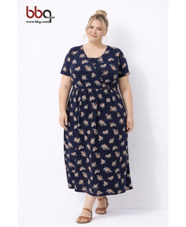 BAYAN BÜYÜK BEDEN GENİŞ KALIP KISA KOLLU DESENLİ ELBİSE-L