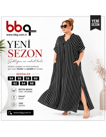 BAYAN BÜYÜK BEDEN GENİŞ KALIP DOKUMA VİSCON ÇİZGİLİ ELBİSE-S