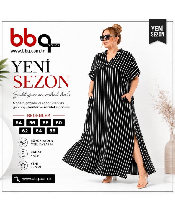 BAYAN BÜYÜK BEDEN GENİŞ KALIP DOKUMA VİSCON ÇİZGİLİ ELBİSE-S