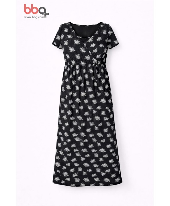 BAYAN BÜYÜK BEDEN GENİŞ KALIP KISA KOLLU DESENLİ ELBİSE-S