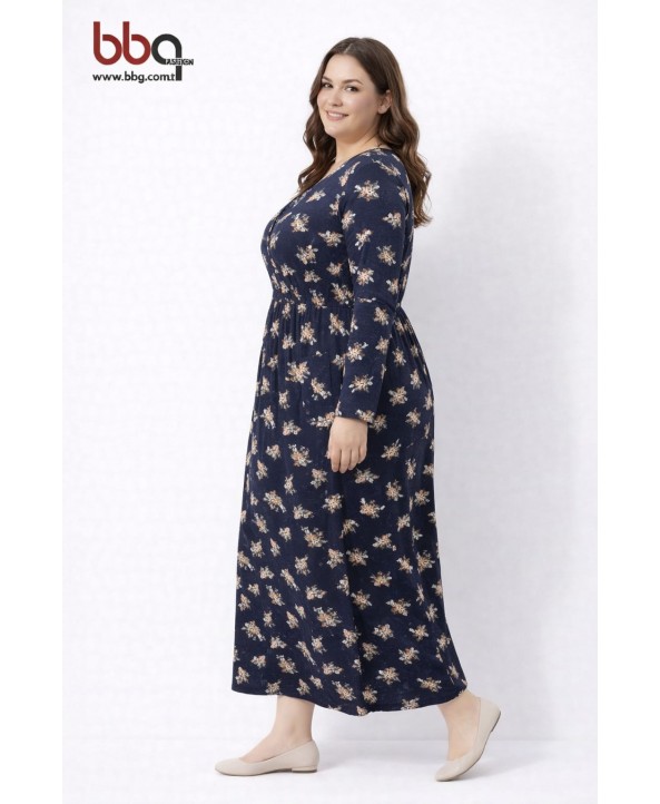 BAYAN BÜYÜK BEDEN GENİŞ KALIP DESENLİ ELBİSE-L