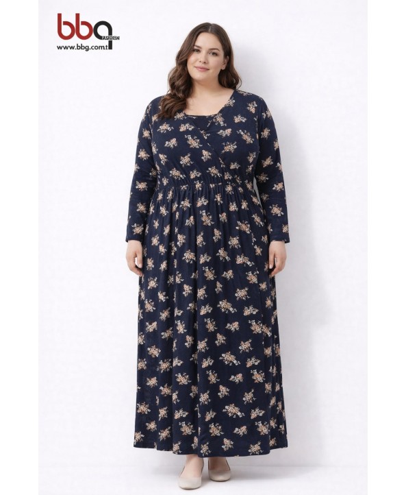 BAYAN BÜYÜK BEDEN GENİŞ KALIP DESENLİ ELBİSE-L