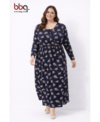 BAYAN BÜYÜK BEDEN GENİŞ KALIP DESENLİ ELBİSE-L