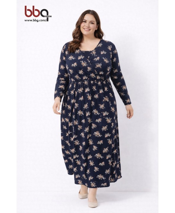 BAYAN BÜYÜK BEDEN GENİŞ KALIP DESENLİ ELBİSE-L