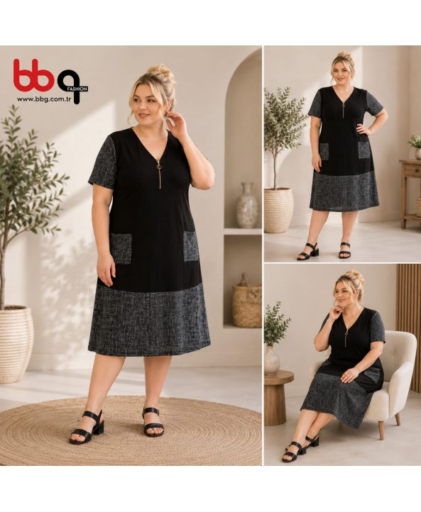 BAYAN BÜYÜK BEDEN GENİŞ KALIP FULL LİKRALI VİSKON ELBİSE
