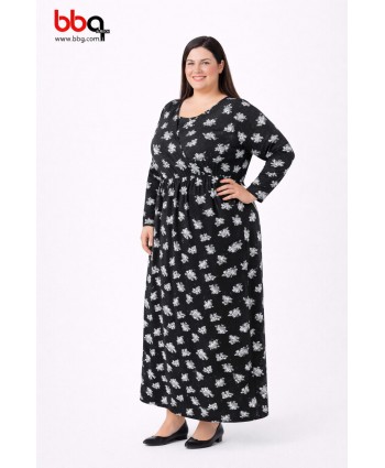 BAYAN BÜYÜK BEDEN GENİŞ KALIP DESENLİ ELBİSE-S