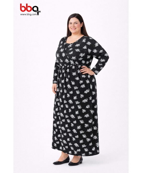 BAYAN BÜYÜK BEDEN GENİŞ KALIP DESENLİ ELBİSE-S