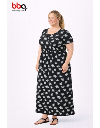 BAYAN BÜYÜK BEDEN GENİŞ KALIP KISA KOLLU DESENLİ ELBİSE-S