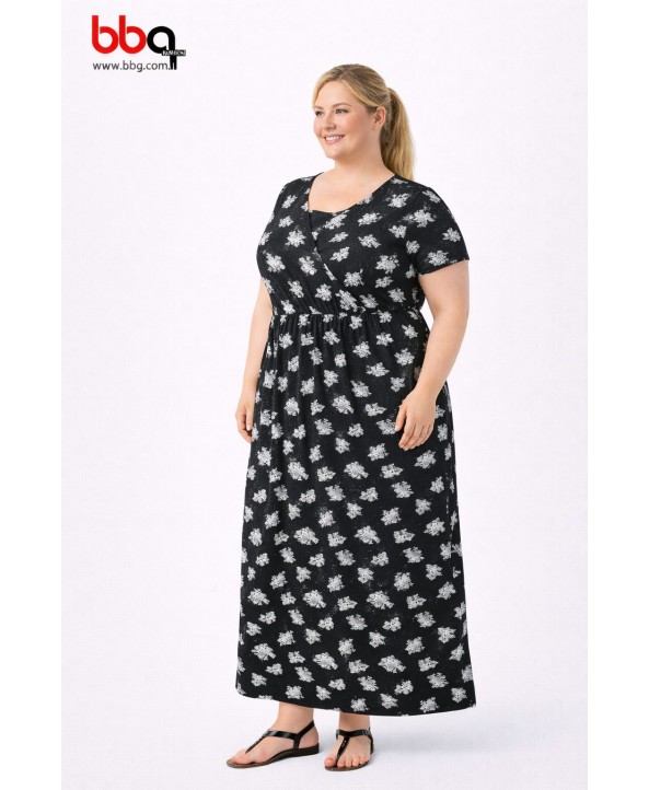 BAYAN BÜYÜK BEDEN GENİŞ KALIP KISA KOLLU DESENLİ ELBİSE-S