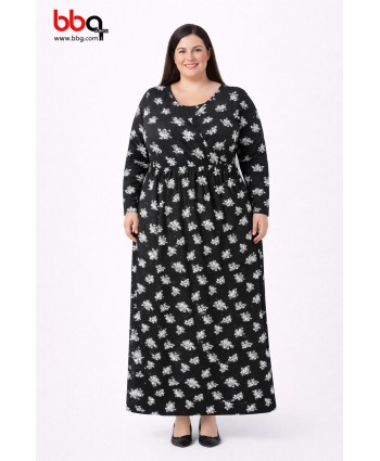 BAYAN BÜYÜK BEDEN GENİŞ KALIP DESENLİ ELBİSE-S