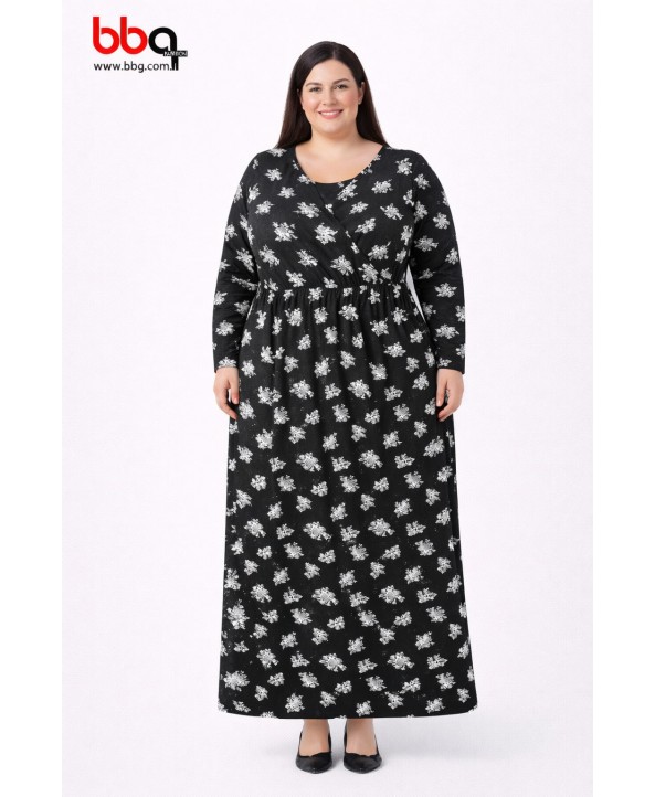 BAYAN BÜYÜK BEDEN GENİŞ KALIP DESENLİ ELBİSE-S