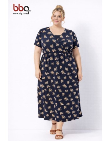 BAYAN BÜYÜK BEDEN GENİŞ KALIP KISA KOLLU DESENLİ ELBİSE-L