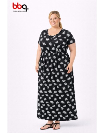 BAYAN BÜYÜK BEDEN GENİŞ KALIP KISA KOLLU DESENLİ ELBİSE-S