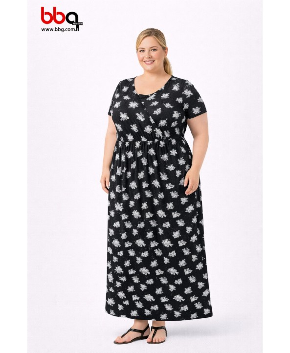 BAYAN BÜYÜK BEDEN GENİŞ KALIP KISA KOLLU DESENLİ ELBİSE-S