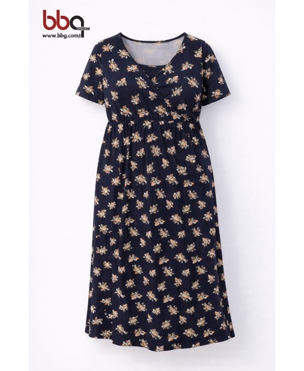 BAYAN BÜYÜK BEDEN GENİŞ KALIP KISA KOLLU DESENLİ ELBİSE-L