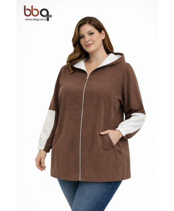BAYAN BÜYÜK BEDEN GENİŞ KALIP MEVSİMLİK KAPÜŞONLU CEKET-K