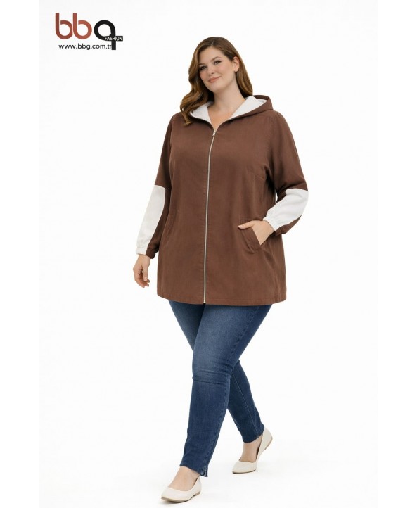 BAYAN BÜYÜK BEDEN GENİŞ KALIP MEVSİMLİK KAPÜŞONLU CEKET-K
