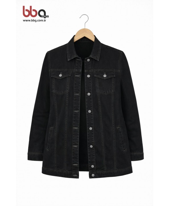 BAYAN BÜYÜK BEDEN GENİŞ KALIP SİYAH KOT CEKET