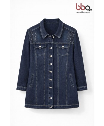 BAYAN BÜYÜK BEDEN TAŞLI UZUN KOT CEKET