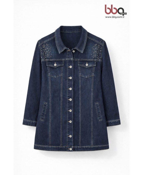 BAYAN BÜYÜK BEDEN TAŞLI UZUN KOT CEKET