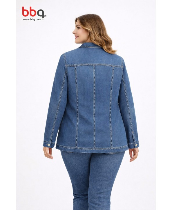 BAYAN BÜYÜK BEDEN GENİŞ KALIP OMUZ TAŞ DETAYLI KOT CEKET-M