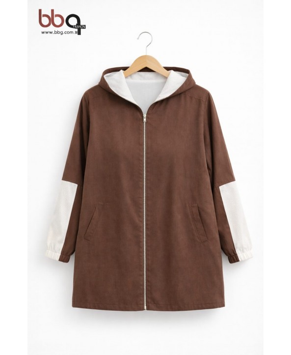 BAYAN BÜYÜK BEDEN GENİŞ KALIP MEVSİMLİK KAPÜŞONLU CEKET-K