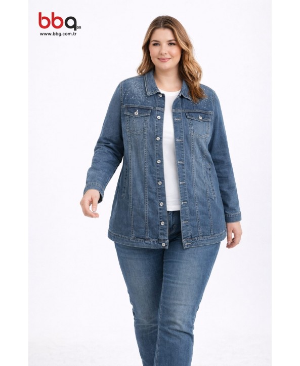BAYAN BÜYÜK BEDEN GENİŞ KALIP OMUZ TAŞ DETAYLI KOT CEKET-M