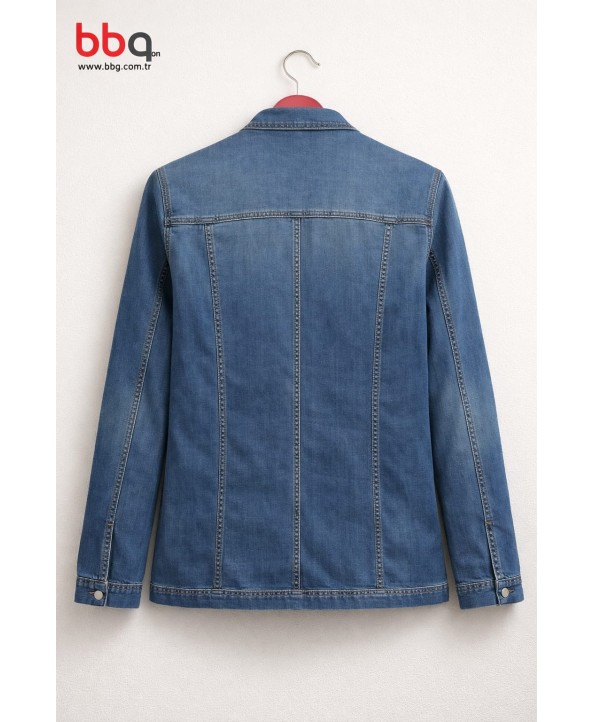 BAYAN BÜYÜK BEDEN GENİŞ KALIP OMUZ TAŞ DETAYLI KOT CEKET-M