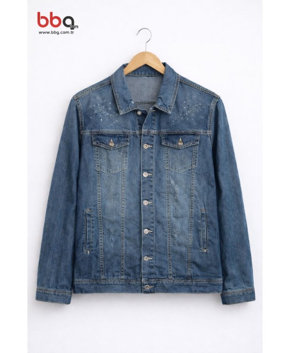 BAYAN BÜYÜK BEDEN GENİŞ KALIP OMUZ TAŞ DETAYLI KOT CEKET-M