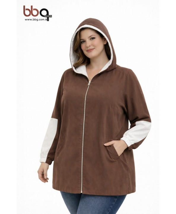 BAYAN BÜYÜK BEDEN GENİŞ KALIP MEVSİMLİK KAPÜŞONLU CEKET-K