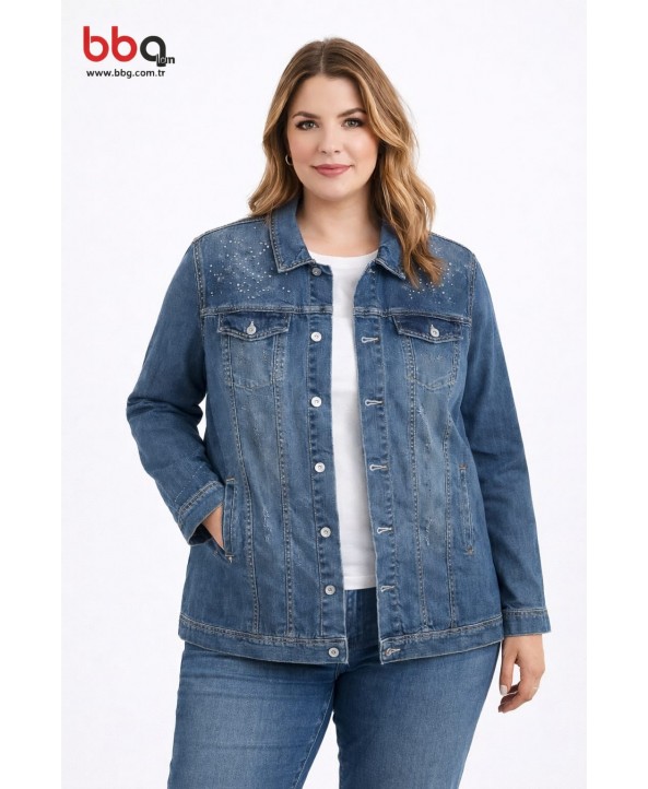 BAYAN BÜYÜK BEDEN GENİŞ KALIP OMUZ TAŞ DETAYLI KOT CEKET-M