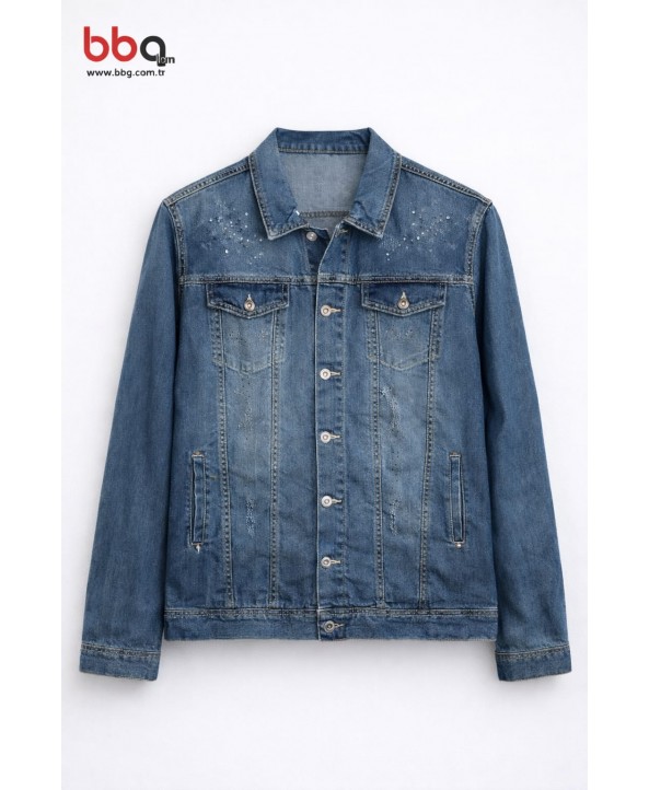 BAYAN BÜYÜK BEDEN GENİŞ KALIP OMUZ TAŞ DETAYLI KOT CEKET-M