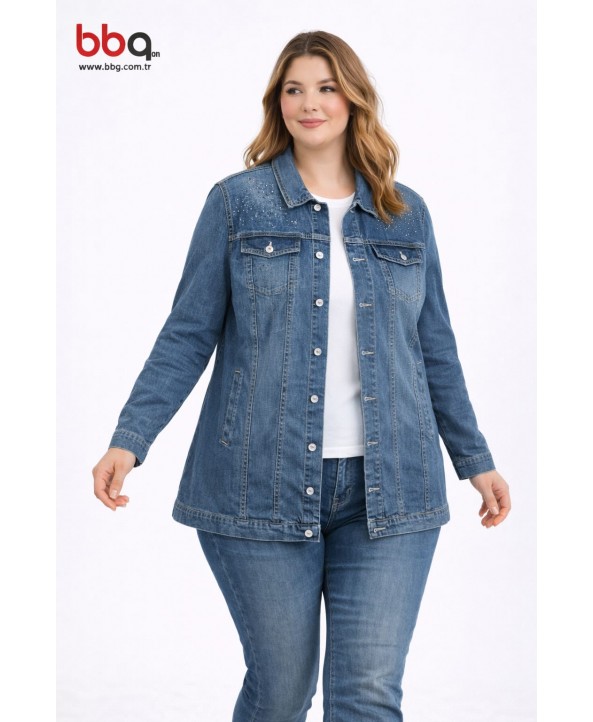 BAYAN BÜYÜK BEDEN GENİŞ KALIP OMUZ TAŞ DETAYLI KOT CEKET-M
