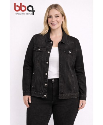 BAYAN BÜYÜK BEDEN GENİŞ KALIP TAŞ DETAYLI  KOT CEKET-S