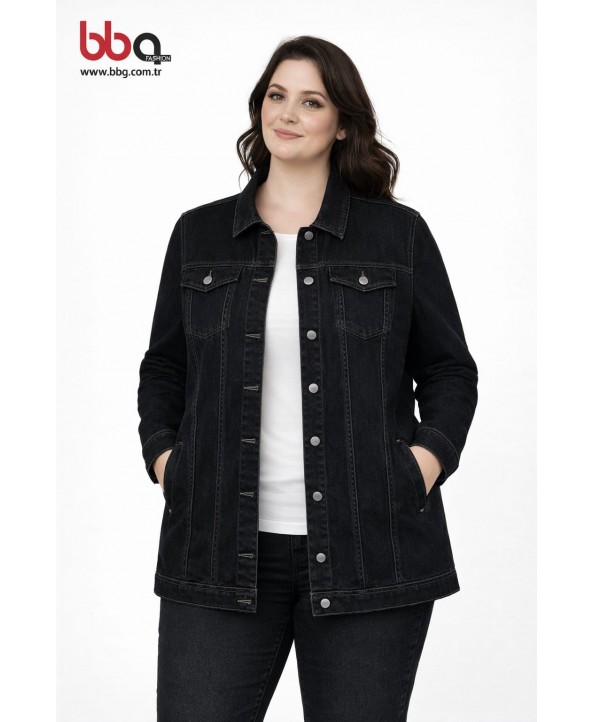 BAYAN BÜYÜK BEDEN GENİŞ KALIP SİYAH KOT CEKET