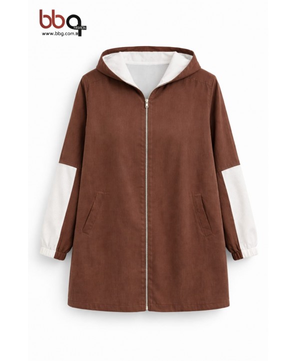 BAYAN BÜYÜK BEDEN GENİŞ KALIP MEVSİMLİK KAPÜŞONLU CEKET-K