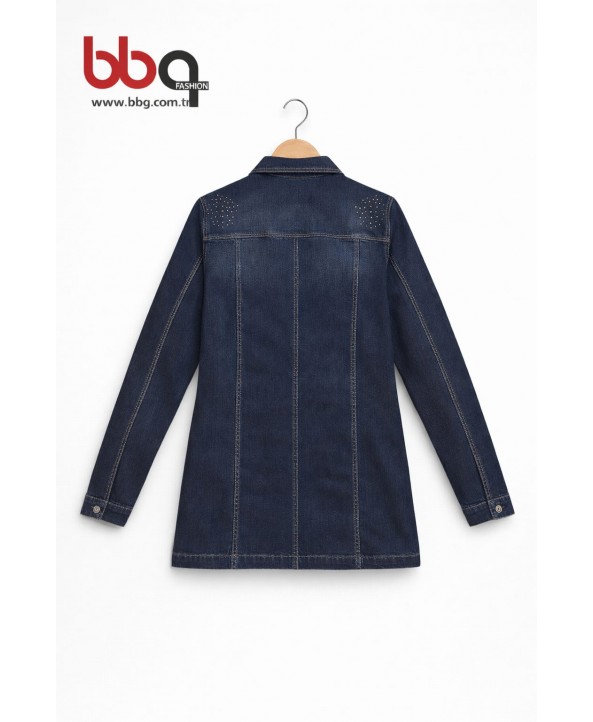 BAYAN BÜYÜK BEDEN TAŞLI UZUN KOT CEKET