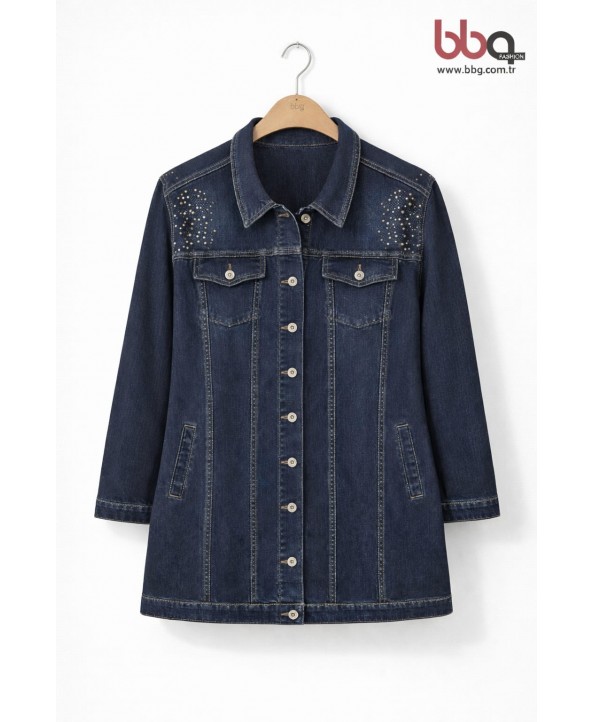 BAYAN BÜYÜK BEDEN TAŞLI UZUN KOT CEKET