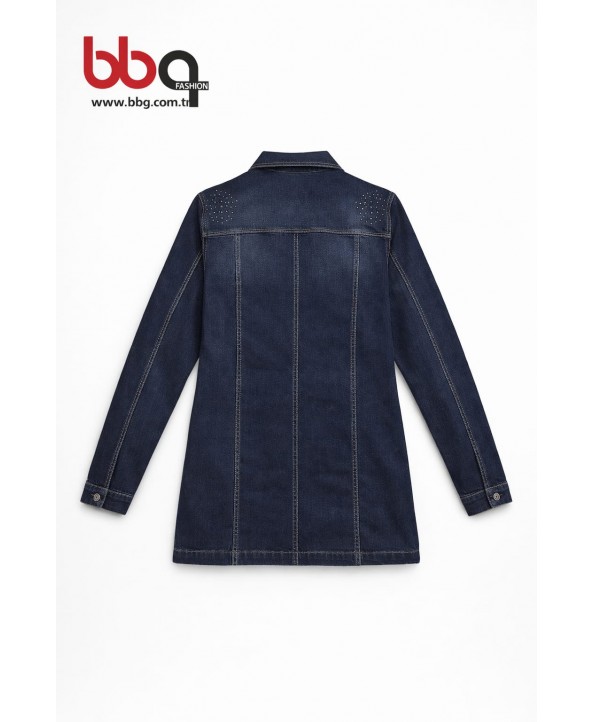 BAYAN BÜYÜK BEDEN TAŞLI UZUN KOT CEKET