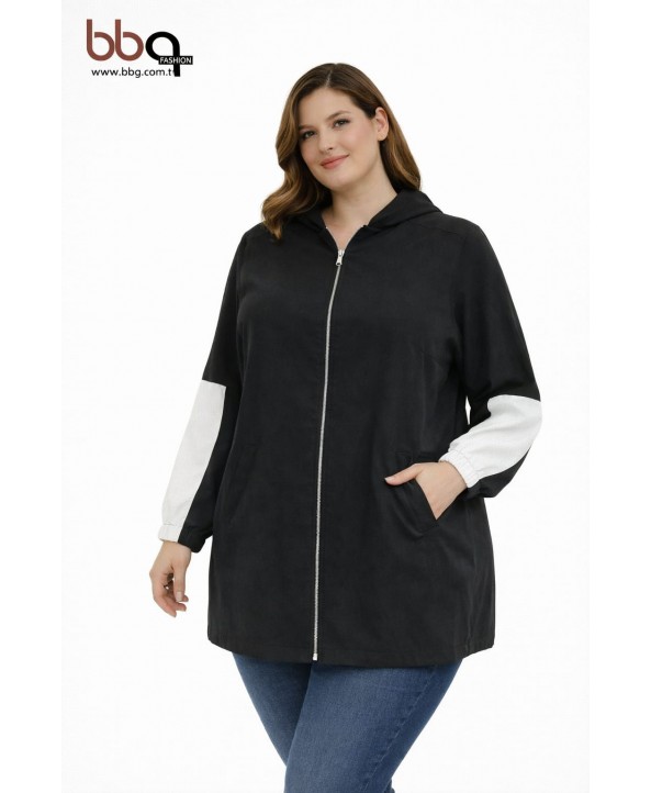 BAYAN BÜYÜK BEDEN GENİŞ KALIP MEVSİMLİK KAPÜŞONLU CEKET-S
