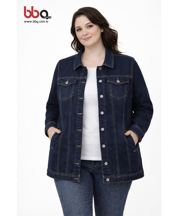 BAYAN BÜYÜK BEDEN GENİŞ KALIP LACİVERT KOT CEKET