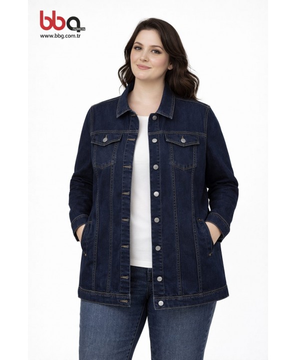 BAYAN BÜYÜK BEDEN GENİŞ KALIP LACİVERT KOT CEKET