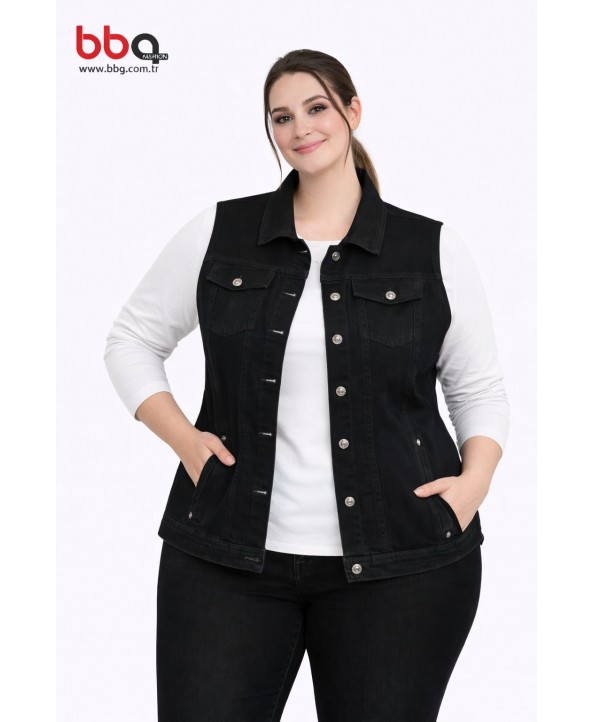 BAYAN BÜYÜK BEDEN SİYAH KOT YELEK BAYAN BÜYÜK BEDEN SİYAH KOT YELEK