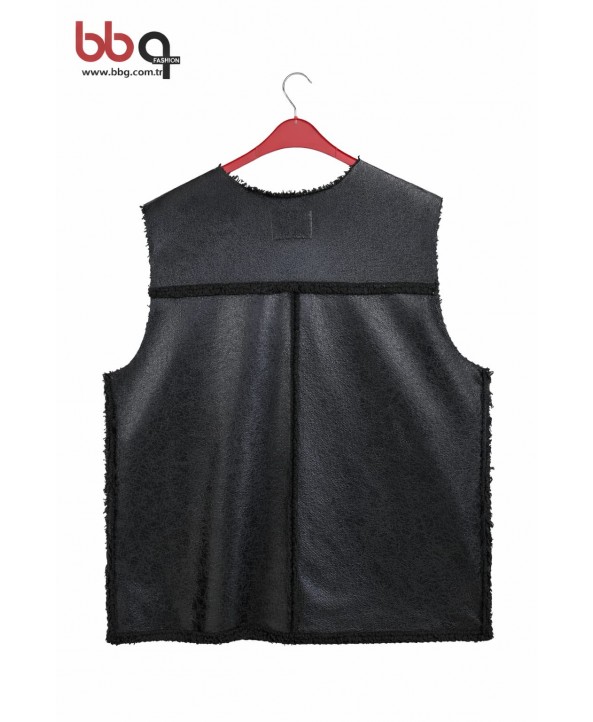 BAYAN BÜYÜK BEDEN GENİŞ KALIP CEP DETAYLI DERİ YELEK
