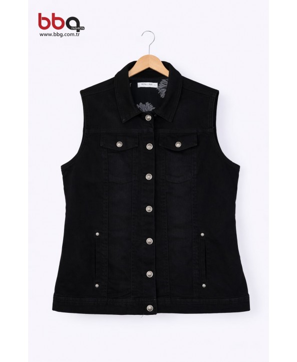 BAYAN BÜYÜK BEDEN SİYAH KOT YELEK BAYAN BÜYÜK BEDEN SİYAH KOT YELEK