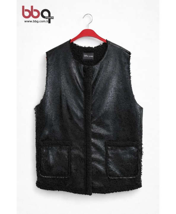 BAYAN BÜYÜK BEDEN GENİŞ KALIP CEP DETAYLI DERİ YELEK